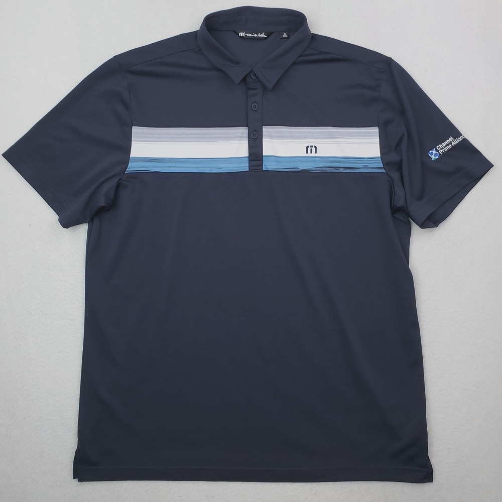Travis Mathew Polo Shirt Mens XL Blue Striped Golf Performance Stretch Logo‎